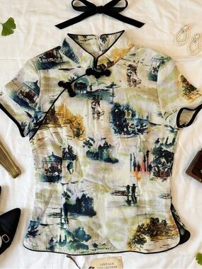 NWT Shanghai Story Scenic Landscape Qipao Blouse Mandarin Collar S Cottagecore